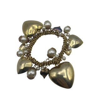 Gold-Tone Heart Charm Bracelet With Faux Pearls & Beaded Accents Pre-Owned